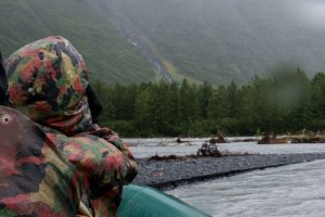 Falls coming down into the river. Note also the number of trees in the water